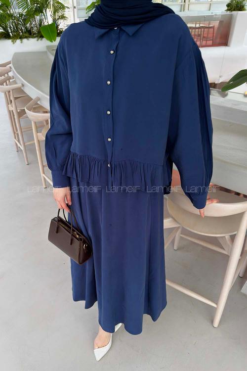 Lamelif Büzgü Detaylı Etekli Takım Lacivert