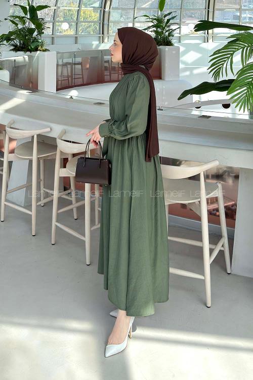 Lamelif Dantel Detaylı Bağlamalı Elbise Haki