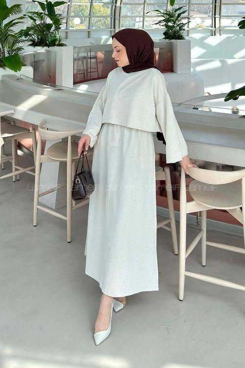 Lamelif Etekli Tesettür Takım Taş Rengi