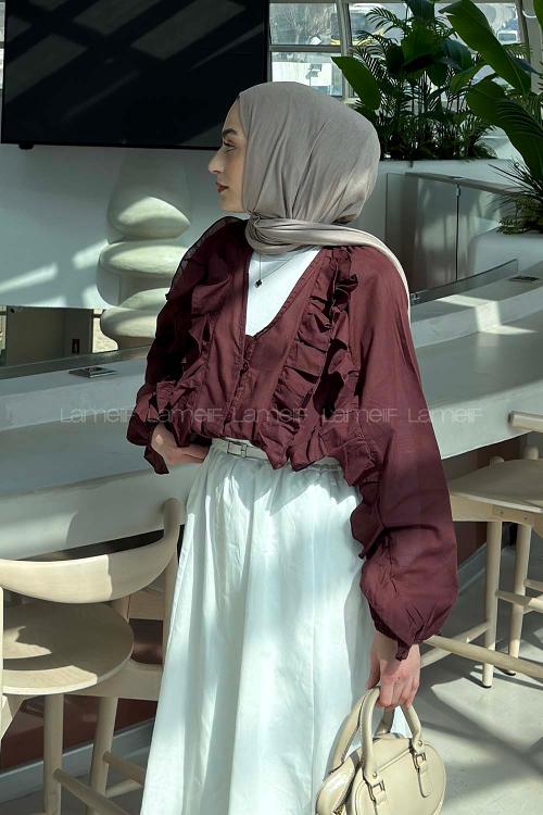 Lamelif Fırfır Detaylı Gömlek Mürdüm