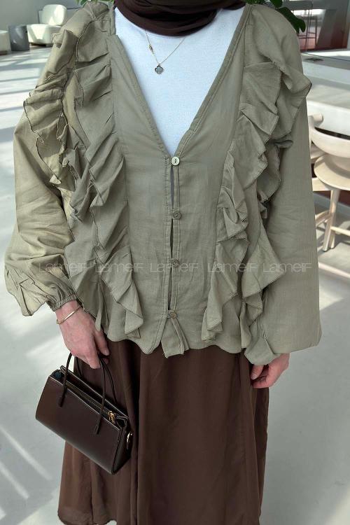 Lamelif Fırfır Detaylı Gömlek Haki