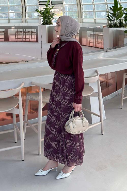 Lamelif Fular Detaylı Etekli Takım Bordo