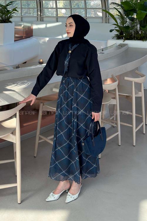 Lamelif Fular Detaylı Etekli Takım Lacivert