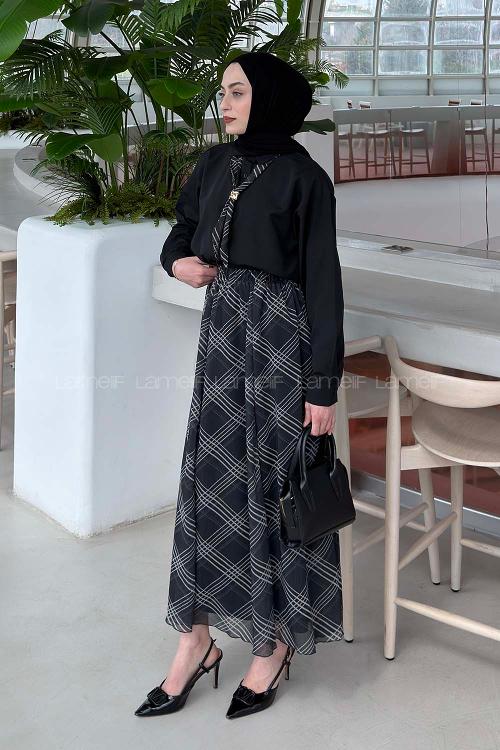 Lamelif Fular Detaylı Etekli Takım Siyah