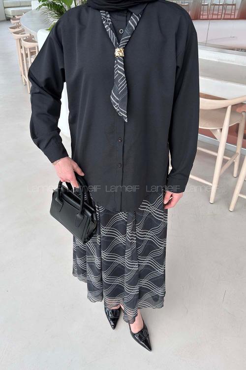 Lamelif Fular Detaylı Etekli Takım Siyah