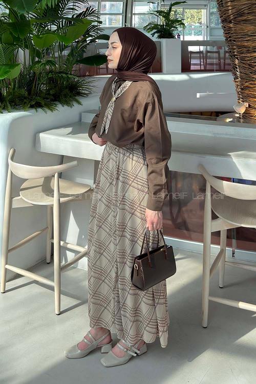 Lamelif Fular Detaylı Etekli Takım Soft Kahve