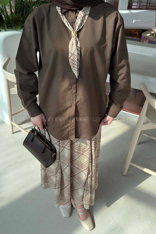 Lamelif Fular Detaylı Etekli Takım Soft Kahve