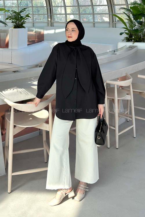 Lamelif Fular Detaylı Gömlek Siyah