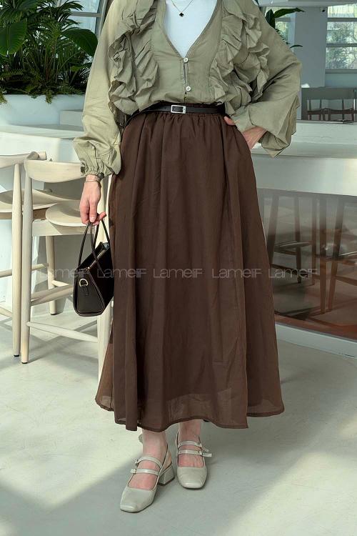 Lamelif Kemerli Cepli Tesettür Etek Acı Kahve