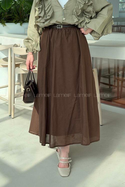 Lamelif Kemerli Cepli Tesettür Etek Acı Kahve