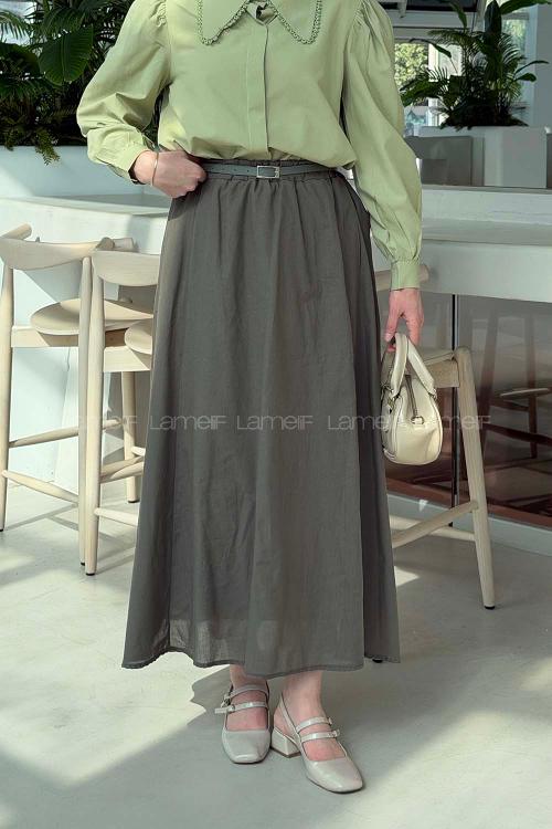 Lamelif Kemerli Cepli Tesettür Etek Haki