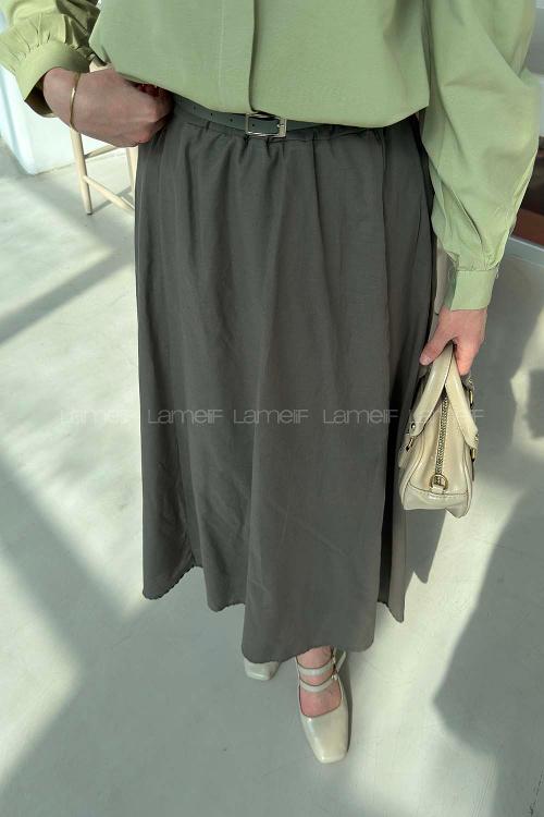 Lamelif Kemerli Cepli Tesettür Etek Haki