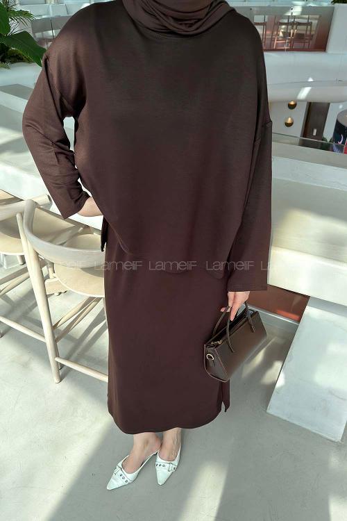 Lamelif Kristal Etekli Tesettür Takım Acı Kahve