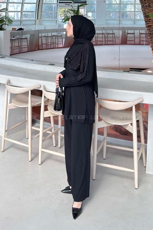 Lamelif Taş Detaylı Pelerinli Pantolon Takım Siyah