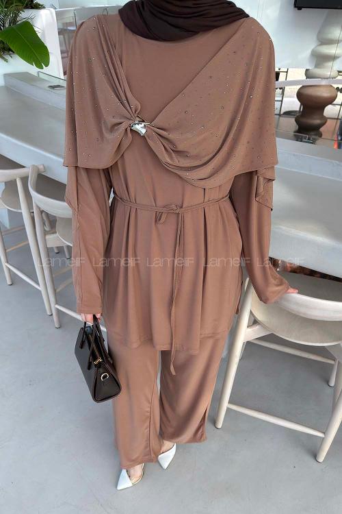 Lamelif Taş Detaylı Pelerinli Pantolon Takım Somon