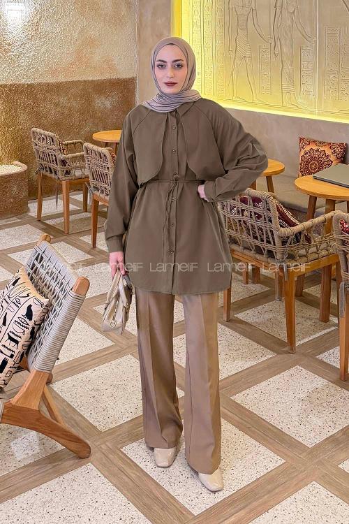 Lamelif Pelerin Detaylı Gömlek Soft Kahve