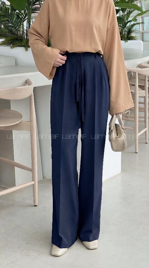 Navy Blue Polyester Normal Waist Material Pants