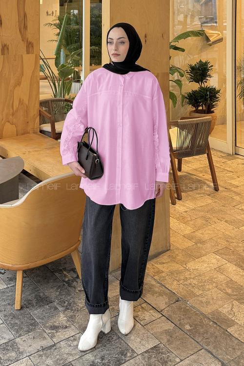 Candy Pink Shirt Collar Long Arm Cotton Shirt