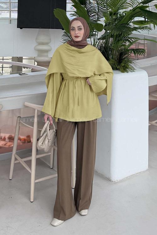 Lamelif Şallı Bluz Yağ Yeşili