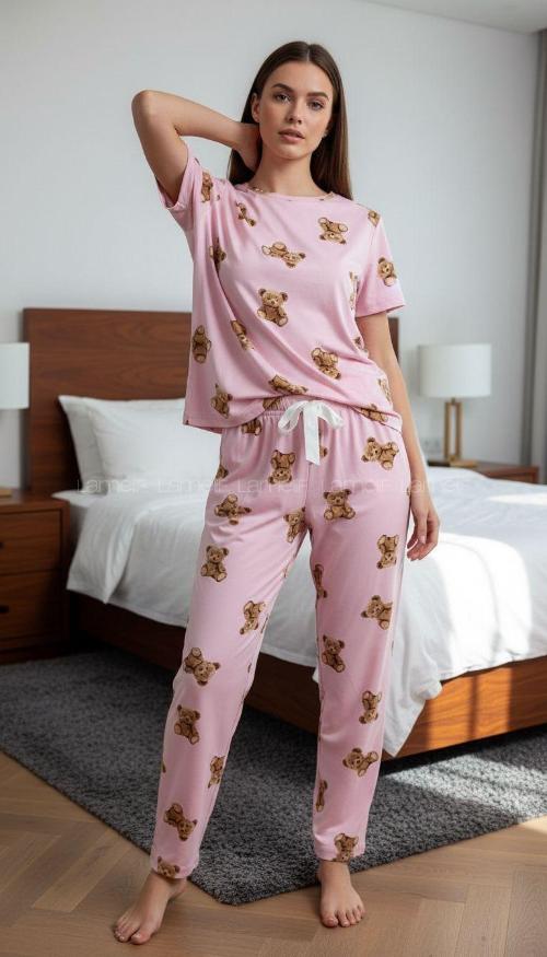 Lamelif Milan Kumaş Ayıcık Desenli Kadın Pijama Takım