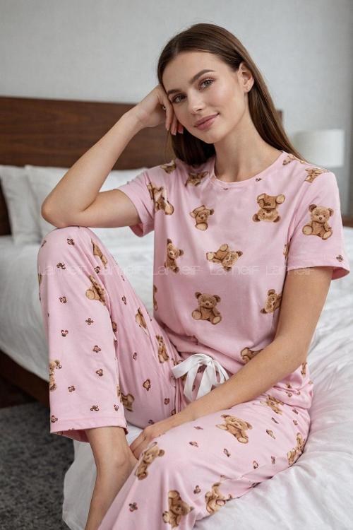 Lamelif Milan Kumaş Ayıcık Desenli Kadın Pijama Takım