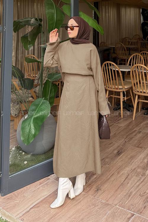 Lamelif Eteği Bağlama Detaylı Takım Bej