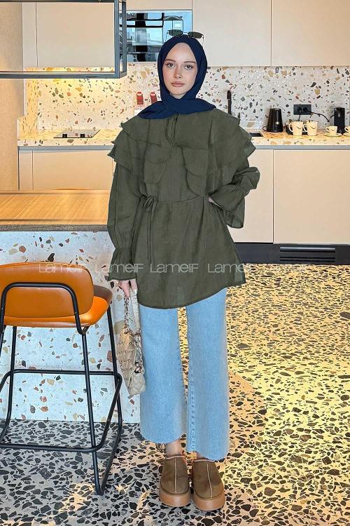 Lamelif Volan Detaylı Kol Büzgülü Gömlek Haki