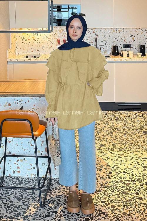 Lamelif Volan Detaylı Kol Büzgülü Gömlek Yağ Yeşili