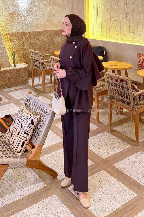 Lamelif Bağlama Detaylı Gold Düğmeli Takım Mürdüm