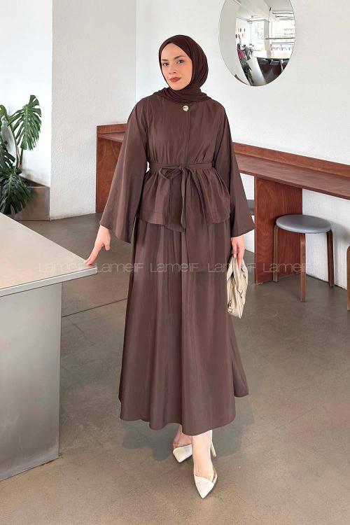 Lamelif Bağlama Detaylı Etekli Takım Acı Kahve