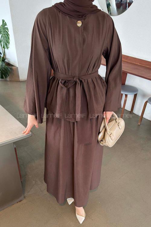 Lamelif Bağlama Detaylı Etekli Takım Acı Kahve