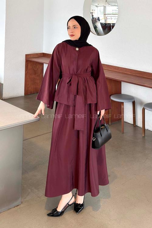 Lamelif Bağlama Detaylı Etekli Takım Bordo