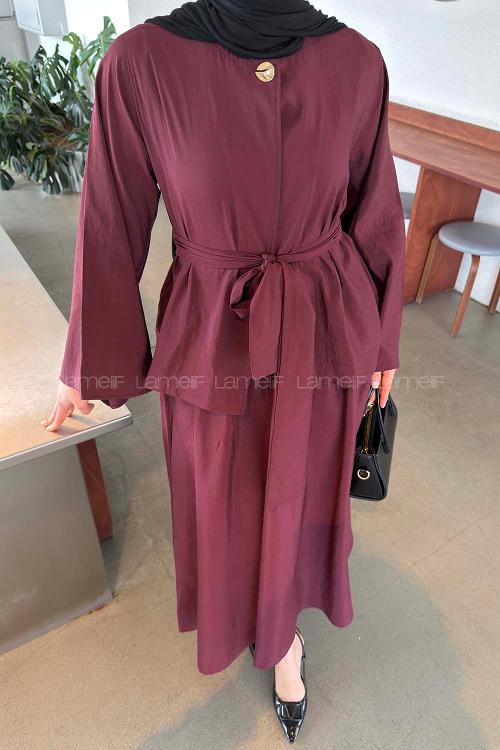 Lamelif Bağlama Detaylı Etekli Takım Bordo
