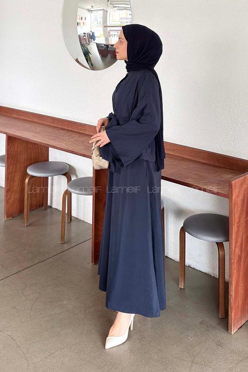 Lamelif Bağlama Detaylı Etekli Takım Lacivert