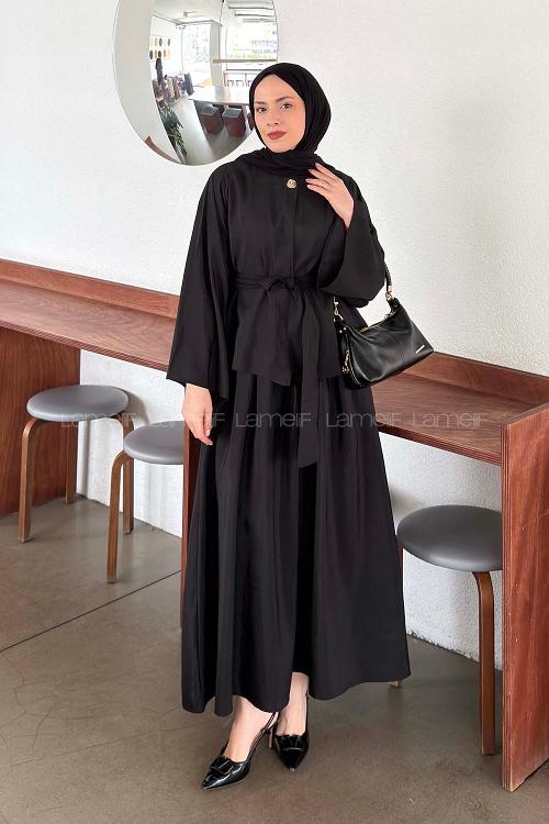 Lamelif Bağlama Detaylı Etekli Takım Siyah