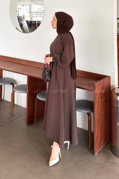 Lamelif Bağlama Detaylı Mevlana Elbise Koyu Kahverengi