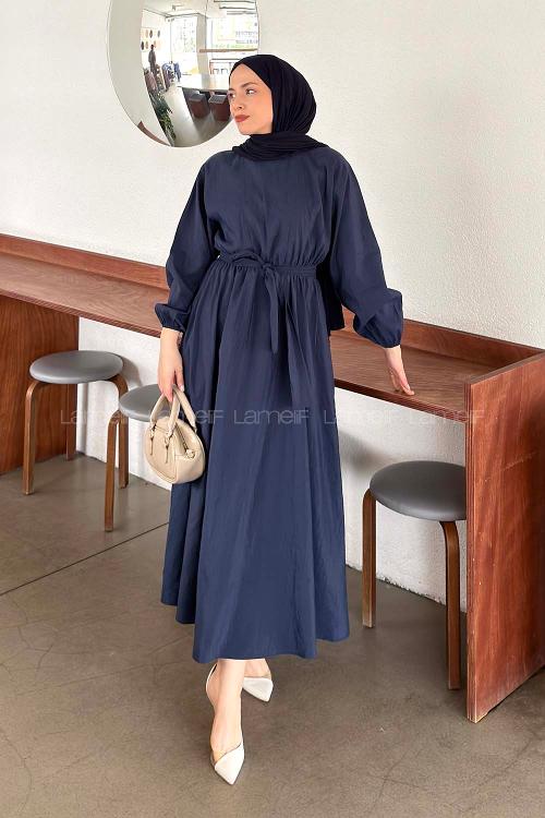 Lamelif Bağlama Detaylı Mevlana Elbise Lacivert