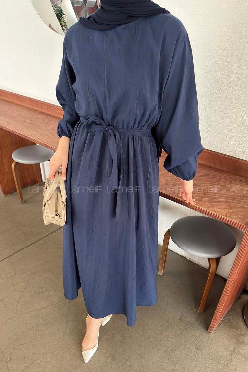 Lamelif Bağlama Detaylı Mevlana Elbise Lacivert