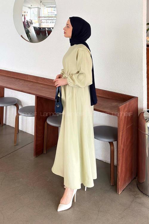 Lamelif Bağlama Detaylı Mevlana Elbise Mint Yeşili