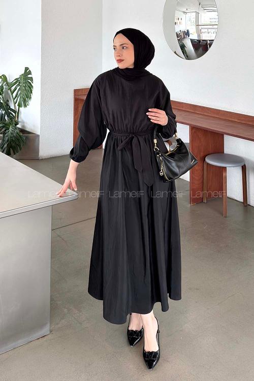 Lamelif Bağlama Detaylı Mevlana Elbise Siyah