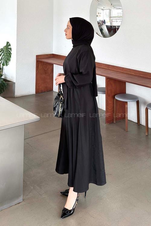 Lamelif Bağlama Detaylı Mevlana Elbise Siyah