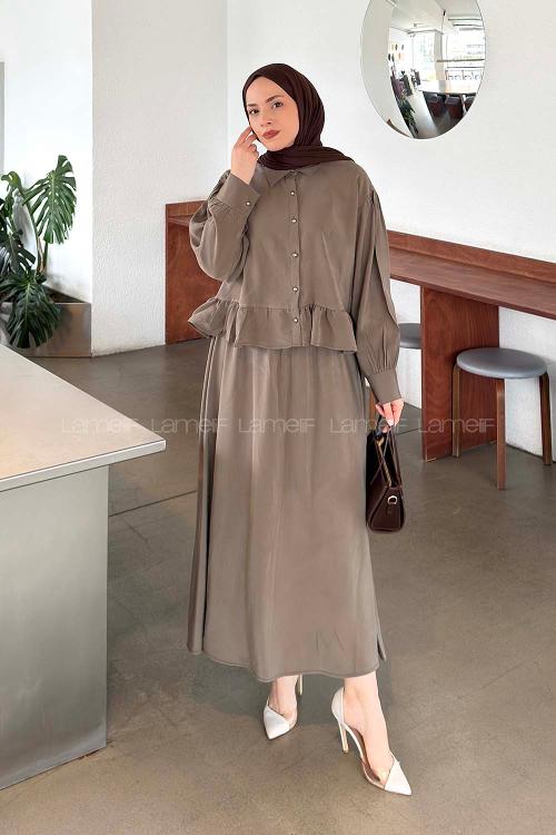 Lamelif Büzgü Detaylı Etekli Takım Haki