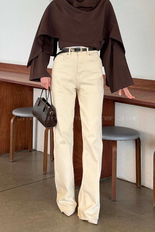 Lamelif Kesik Paça Renkli Dikiş Pantolon Krem
