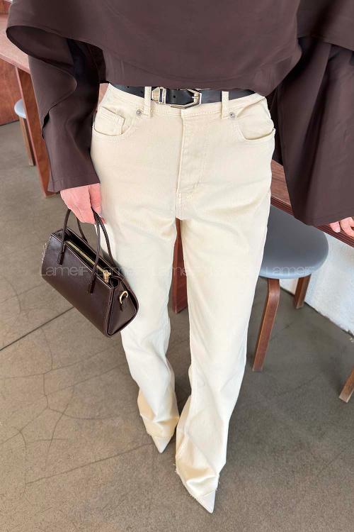 Lamelif Kesik Paça Renkli Dikiş Pantolon Krem