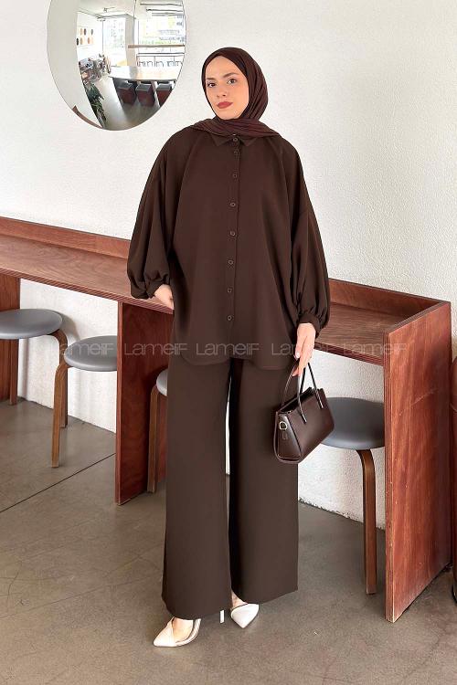 Lamelif Kol Büzgü Detaylı Takım Kahve