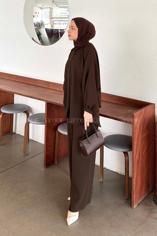 Lamelif Kol Büzgü Detaylı Takım Kahve