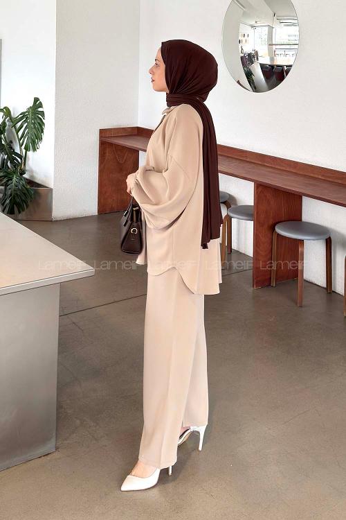 Lamelif Kol Büzgü Detaylı Takım Taş Rengi