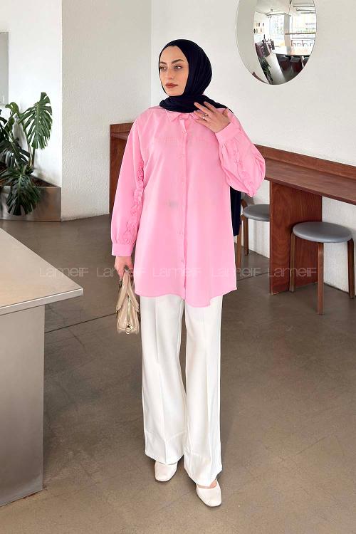 Lamelif Kol Fırfır Detaylı Gömlek Şeker Pembesi