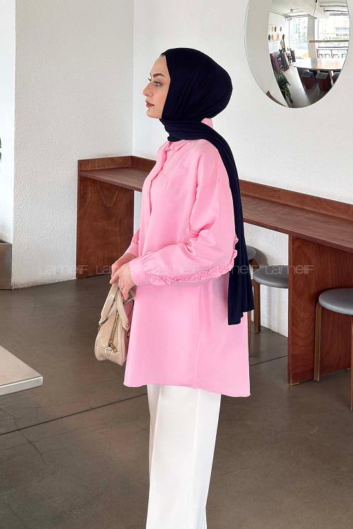 Lamelif Kol Fırfır Detaylı Gömlek Şeker Pembesi