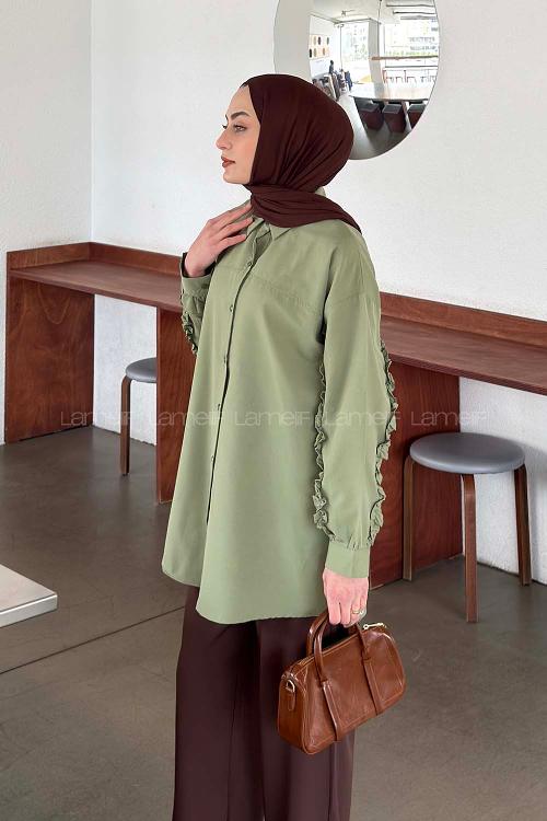 Lamelif Kol Fırfır Detaylı Gömlek Yeşil